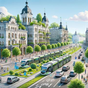 DALL E 2023 11 28 15.43.42 An illustration of a modern and efficient public transportation system in a city with historical architecture and natural greenery inspired by curren