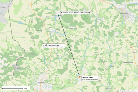 Карта: Цукр, дані OpenStreetMap contributors Карта з відстанню між селами Великий Бобрик і Жигайлівка біля Боромлі, де, за записами Гродницького, впав камінь