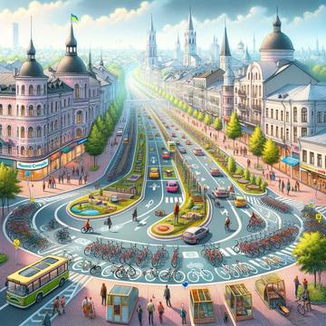 DALL E 2023 11 28 15.43.13 A visionary depiction of Sumy Ukraine featuring a future where the bicycle infrastructure has been greatly enhanced. The illustration should show wi