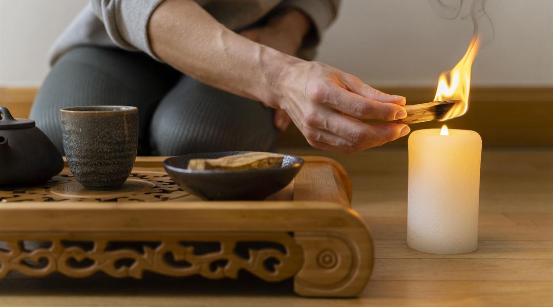 young woman relaxing home with tea candle