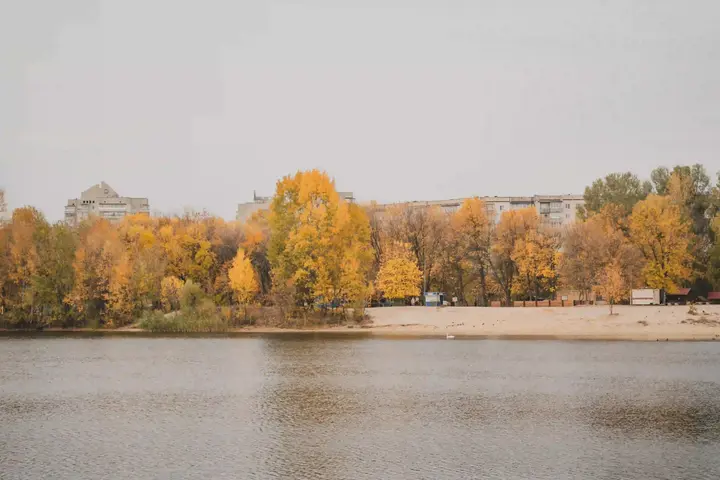 Пожовклі дерева оточують озеро Чеха восени. 