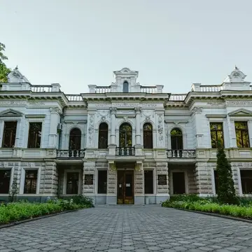 Садиба Суханових–Сумовських на Петропавлівській Двоповерховий світло-сірий особняк з ліпниною, балконами й бруківкою перед входом